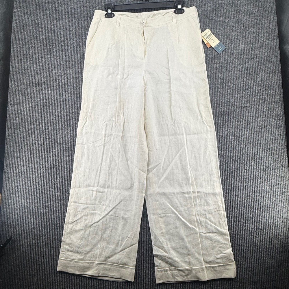 Coldwater Creek Pants Womens 16 Cream NEW Willow Linen Wide Leg Cuffed Trousers